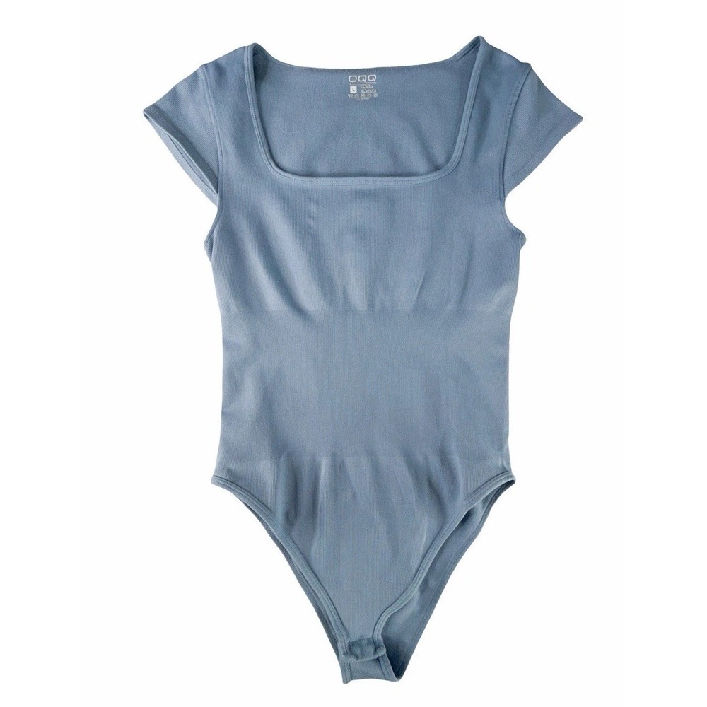 OQQ Women's Ribbed Square Neck Short Sleeve Bodysuit Blue Size Large Fitted EUC